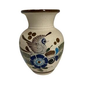 Vintage RS Mexico Tonala Style Pottery Vase Bird Folk Art Hand Painted